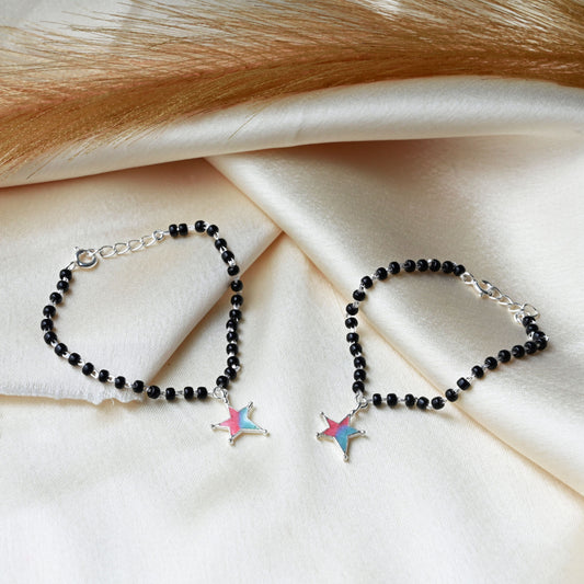 Pure Chandi Black Bead Crystal Star Shape Nazariya - Adjustable Size, One Pair For Children