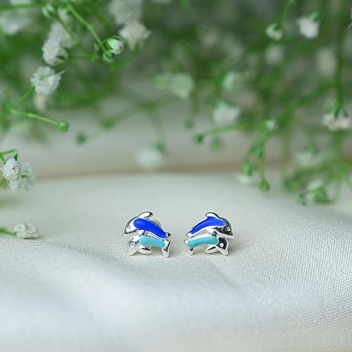 Ontique 925 Silver Dolphin Shaped Studs Earrings For Kids