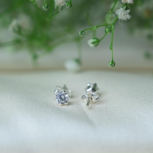 Ontique 925 Silver Solitaire White Studs Earrings For Women