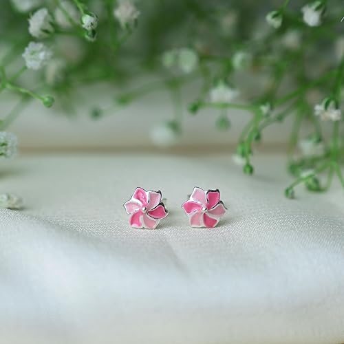 Ontique 925 Silver Pink Flower Shaped Studs Earrings For Kids