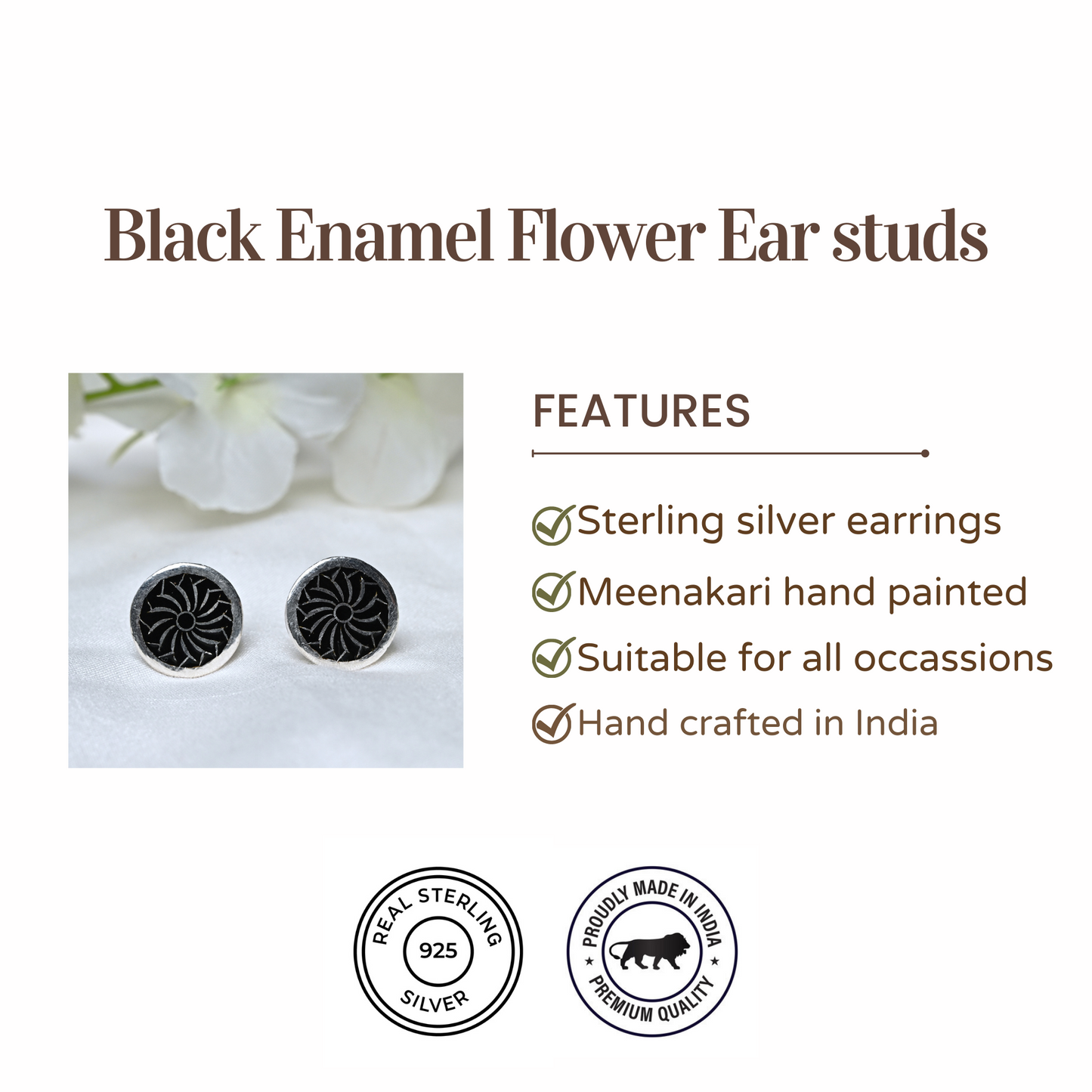 Black Enamel Flower Ear studs with Spike Earrings