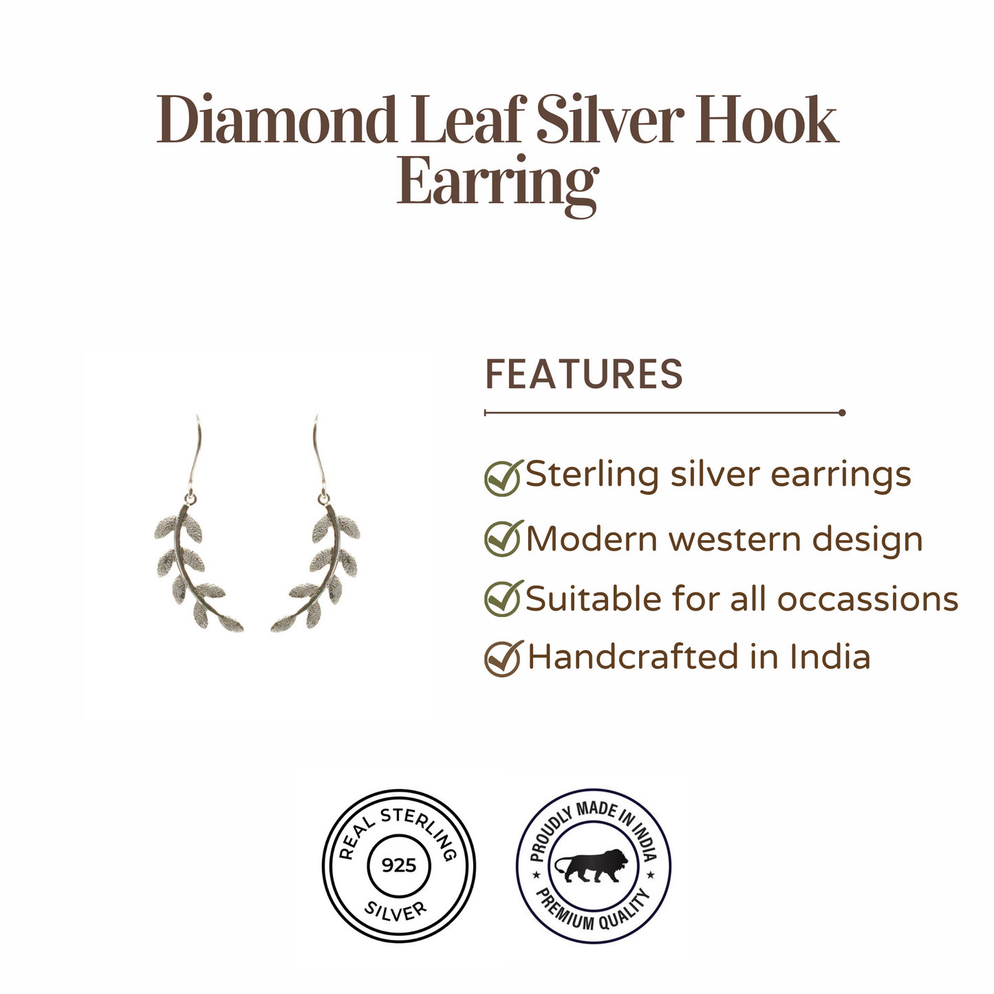 Diamond leaf Silver Hook Earrings