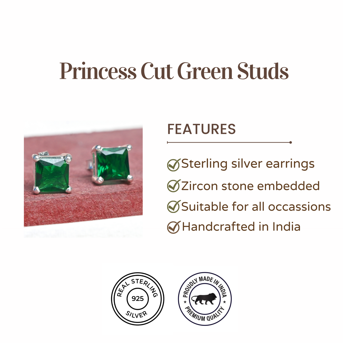 Princess Cut Green Stud Earrings