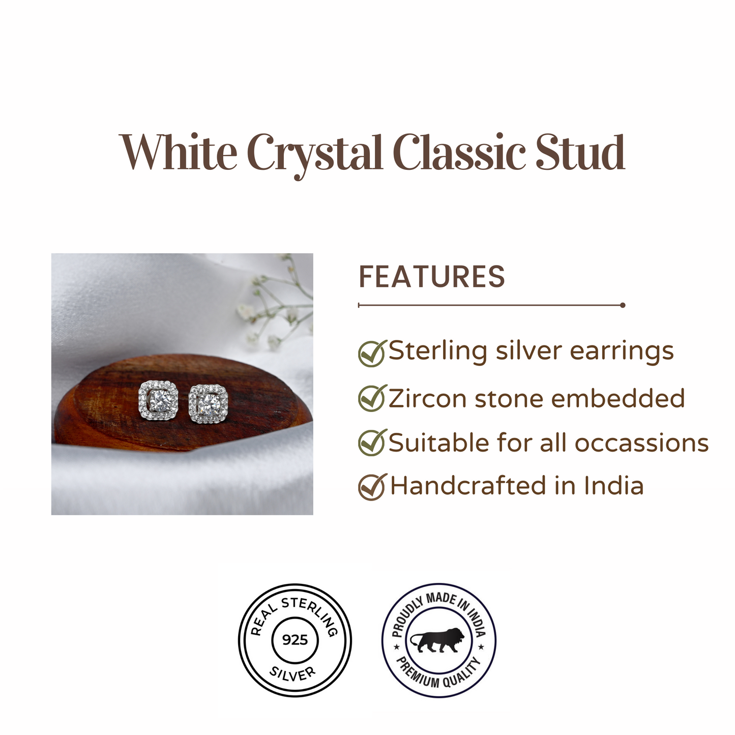White Crystal Classic Stud Earrings