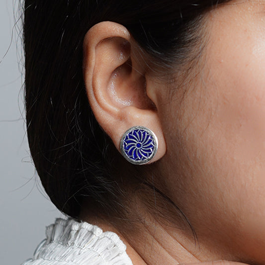 Small Blue Enamel Flower Ear studs with Spikes Earrings