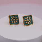 Load image into Gallery viewer, Green Square 1 micron gold plated silver earrings
