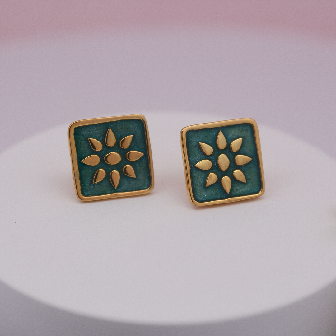 Green Square 1 micron gold plated silver earrings