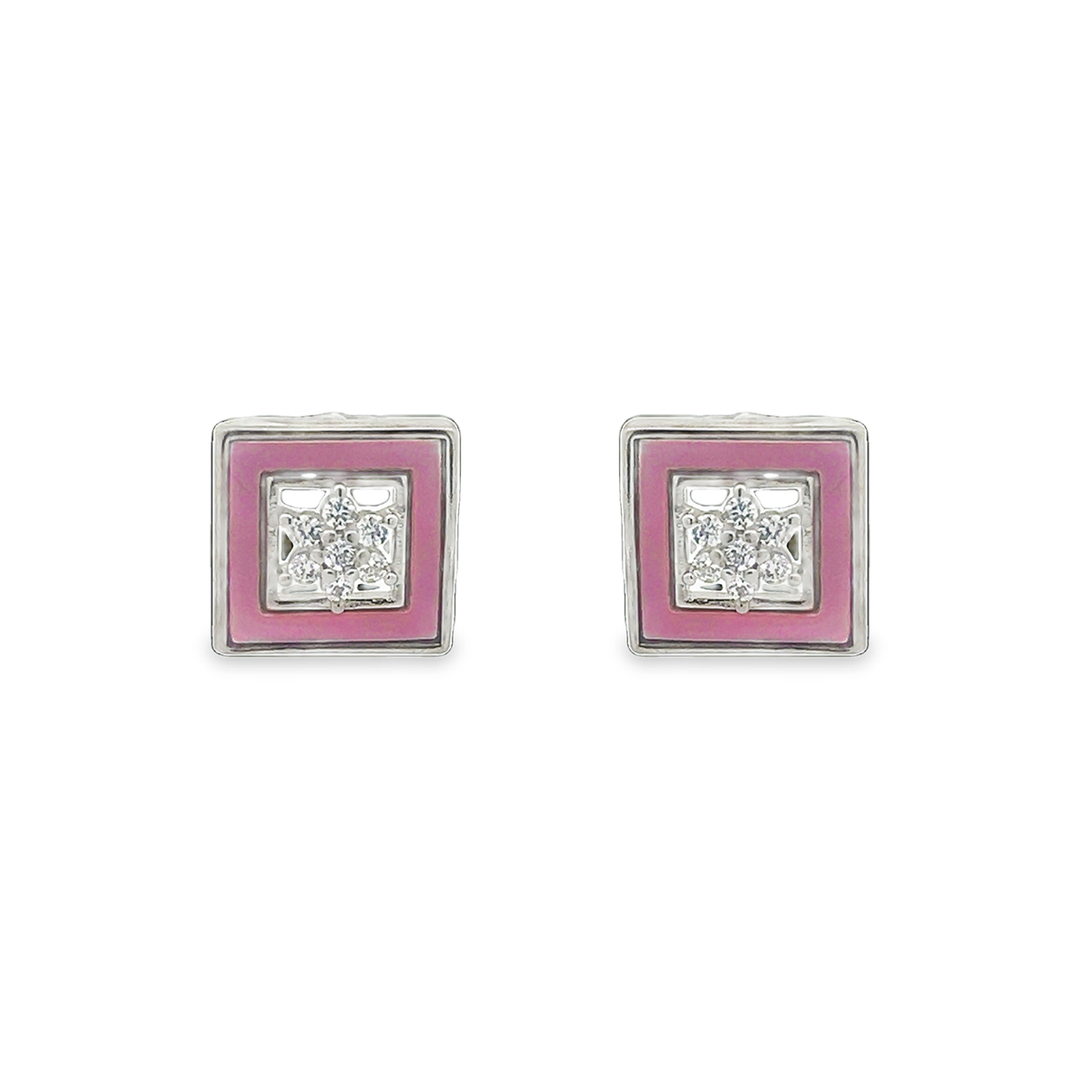 Pink Square MOP Silver Stud Earrings