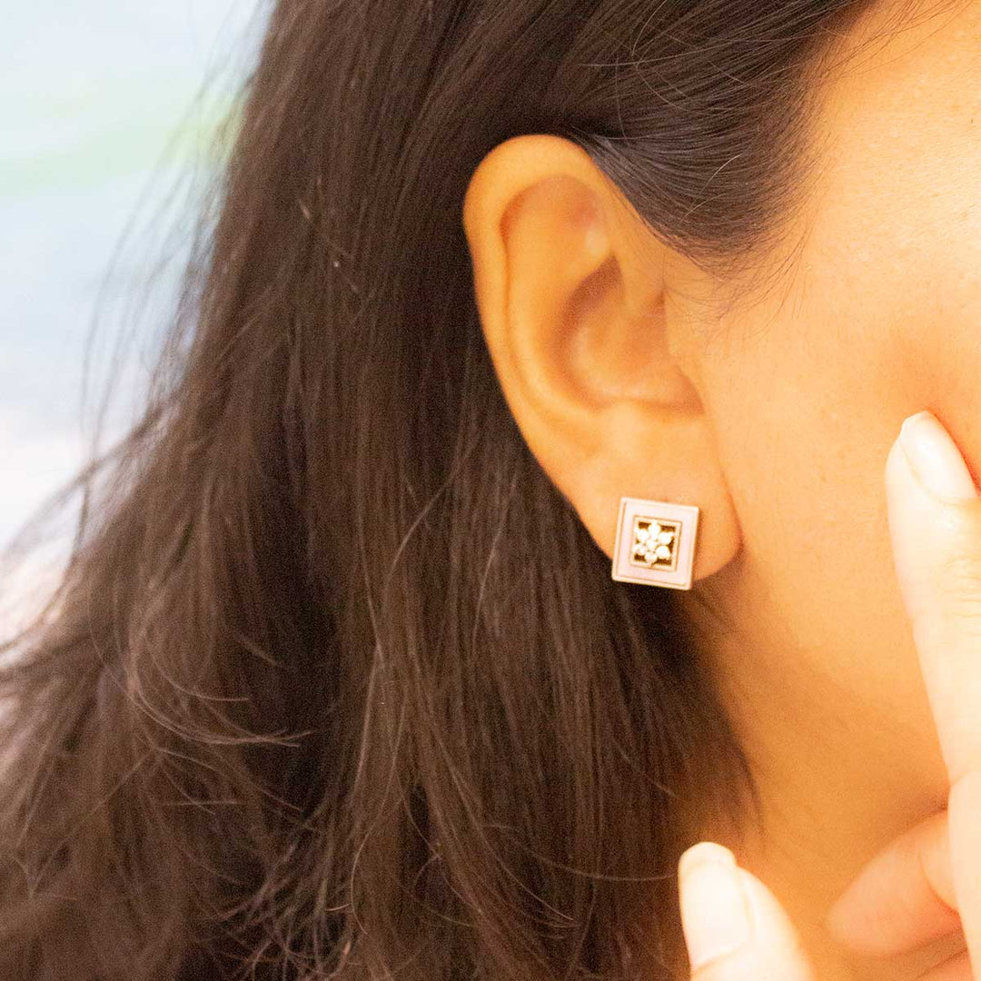 Pink Square MOP Silver Stud Earrings