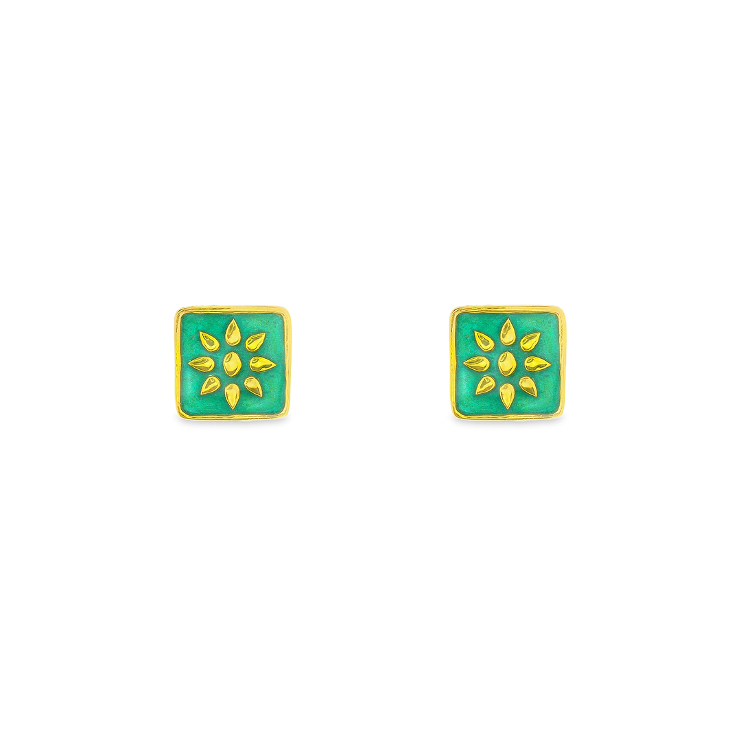 Green Square 1 micron gold plated silver earrings