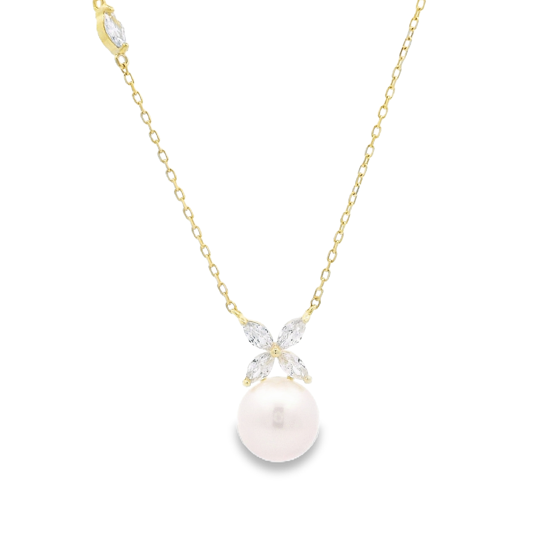 Pearl Flower Drop Golden Sterling Silver Pendant Chain