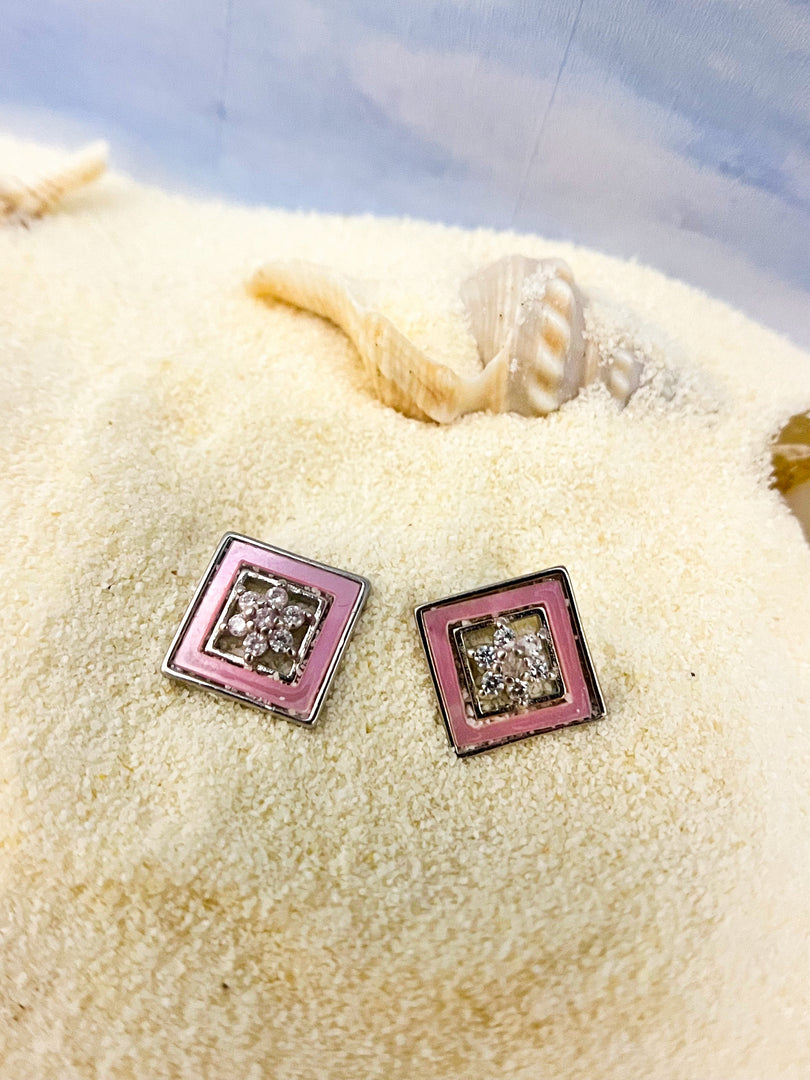 Pink Square MOP Silver Stud Earrings