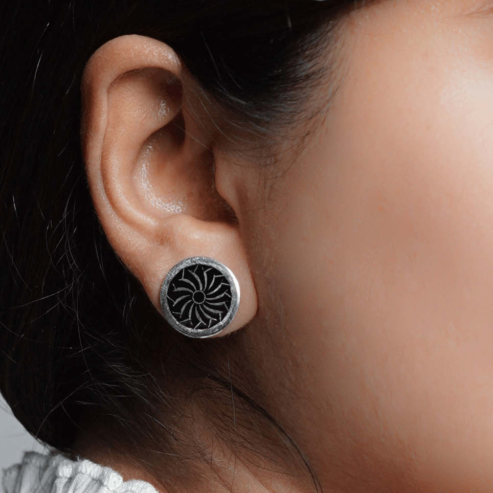 Black Enamel Flower Ear studs with Spike Earrings