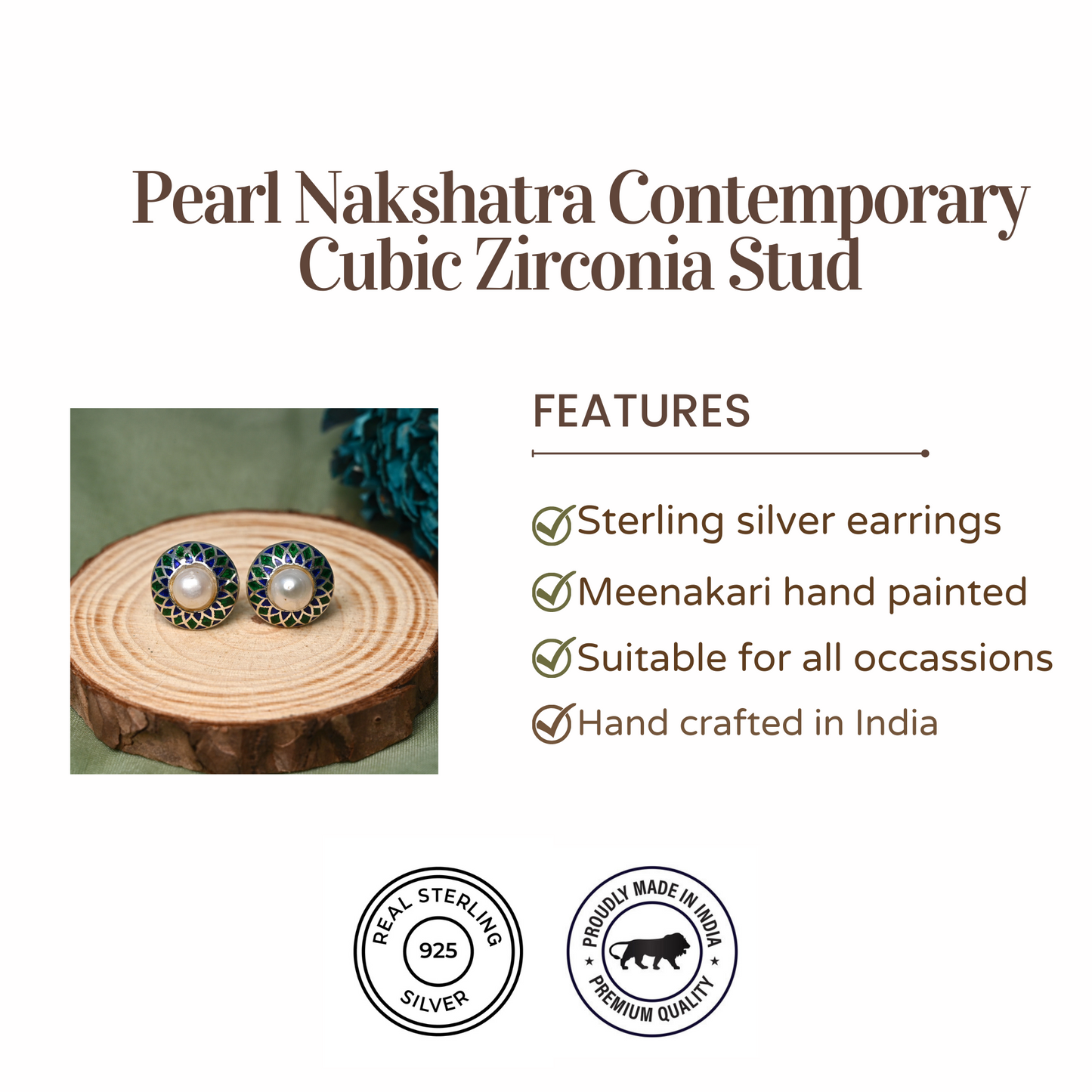 Pearl Nakshatra Contemporary Cubic Zirconia Stud Earrings