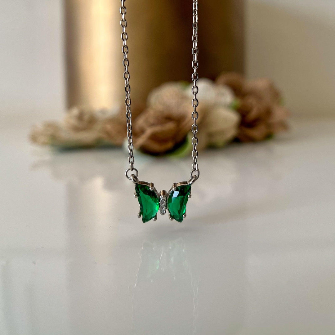 Sterling Silver Chain with Green Butterfly Zircon Diamond Pendant