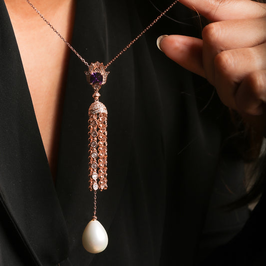 Rose Gold Chain Pendant with white Pearl long Jumar Pendant