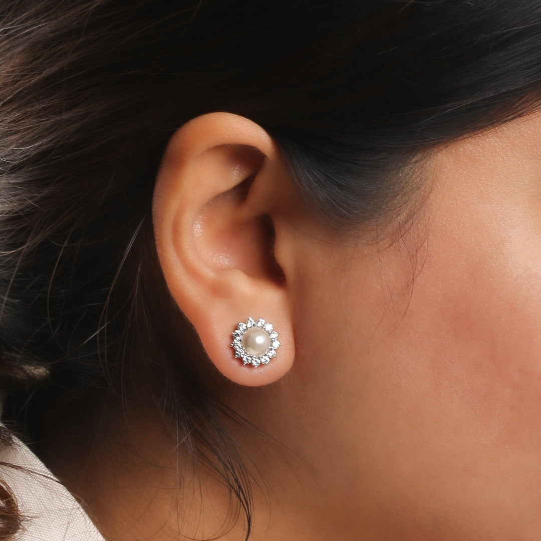 Sunflower diamond petal pearl Stud Earring