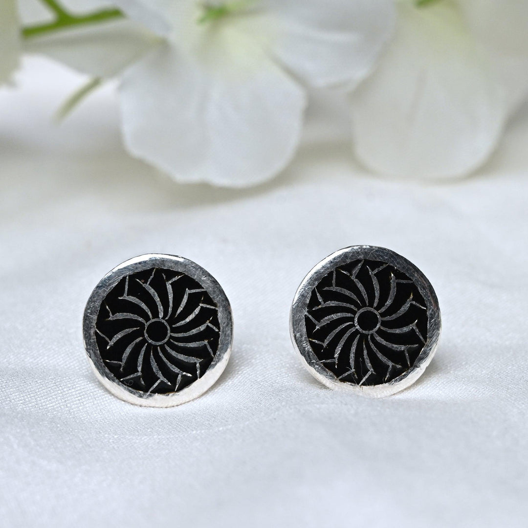 Black Enamel Flower Ear studs with Spike Earrings